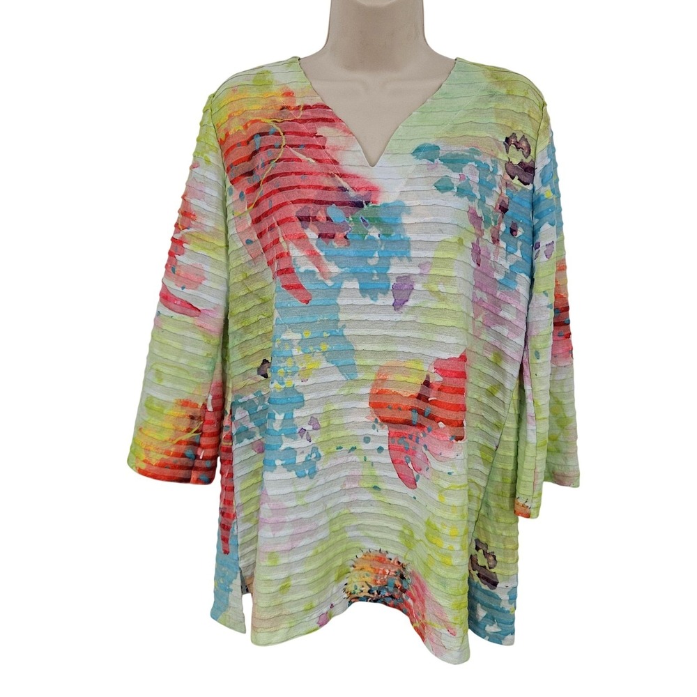 Soft Surroundings Shirt Women XL Artsy Floral Textured Tunic Top Dopamine